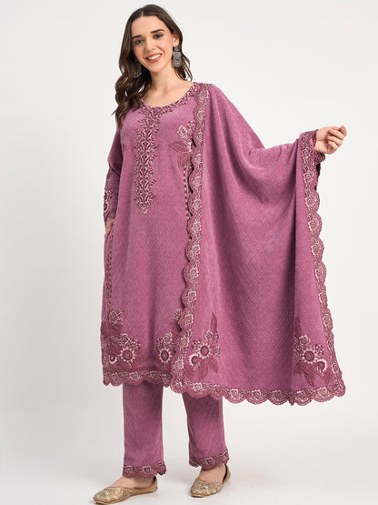 Women's Mauve Winter Embroidered Co-Ord Set