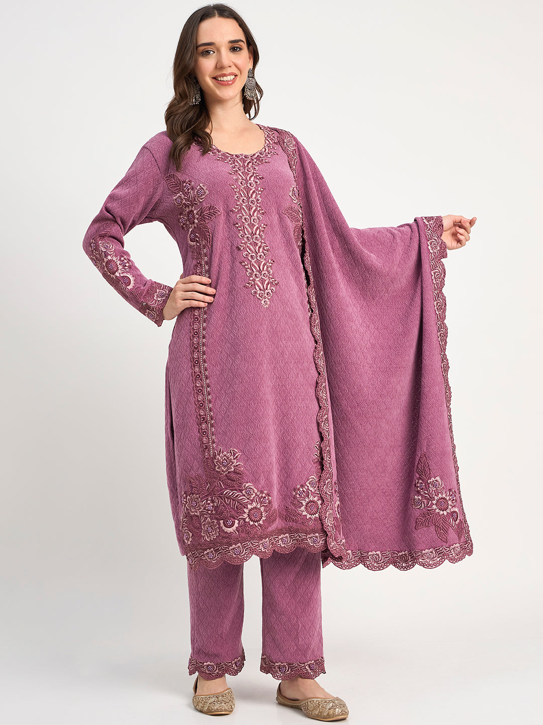 Women's Mauve Winter Embroidered Co-Ord Set