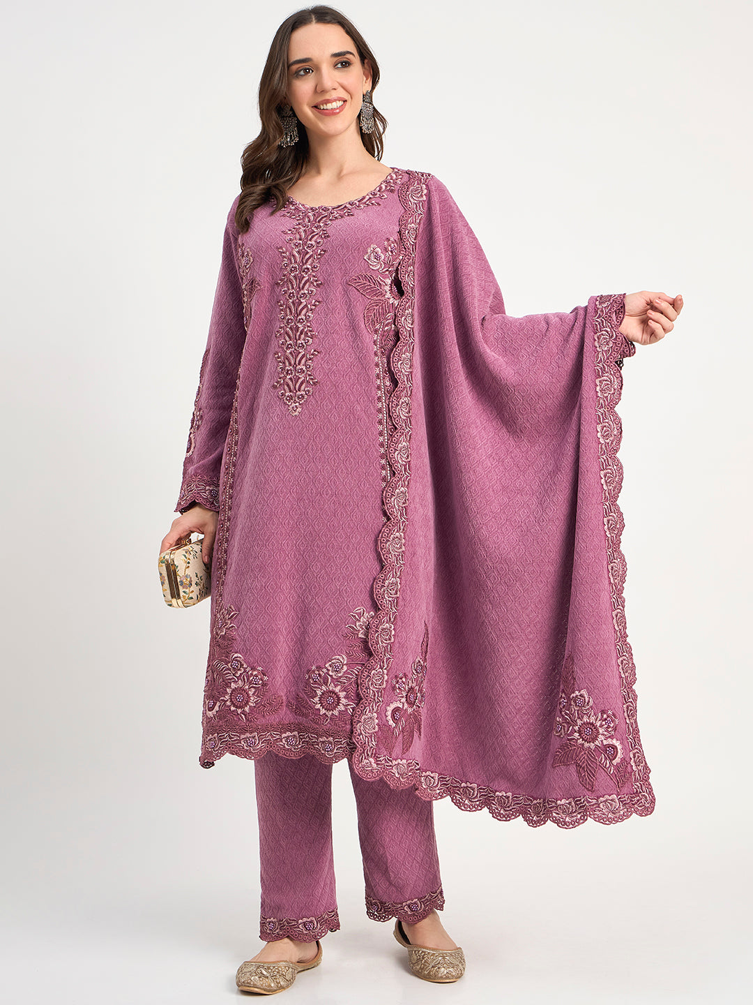 Women's Mauve Winter Embroidered Co-Ord Set