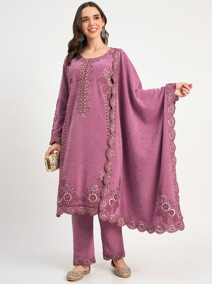 Women's Mauve Winter Embroidered Co-Ord Set
