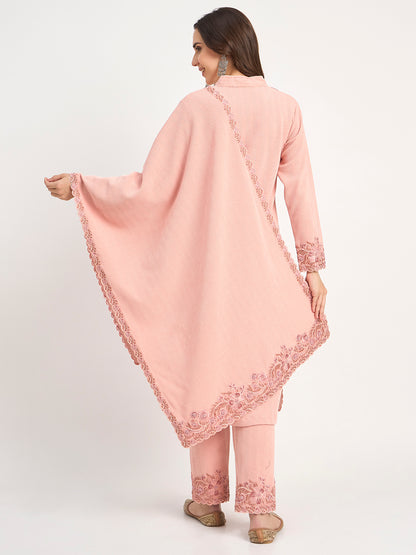 Soft Knit Pink Winter Kurta Pant Dupatta Set