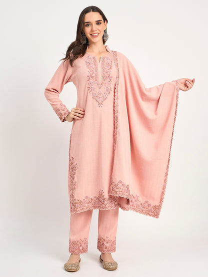 Soft Knit Pink Winter Kurta Pant Dupatta Set