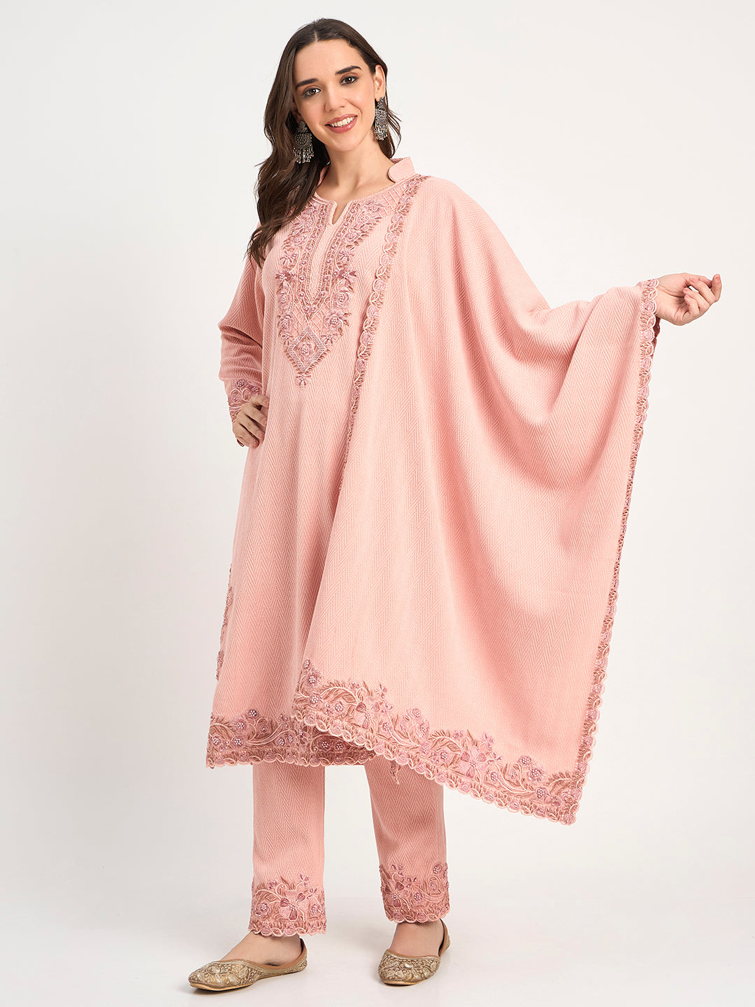 Soft Knit Pink Winter Kurta Pant Dupatta Set