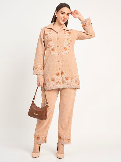 Elegant Beige Wool Blend Embroidered Winter Co-ord Set