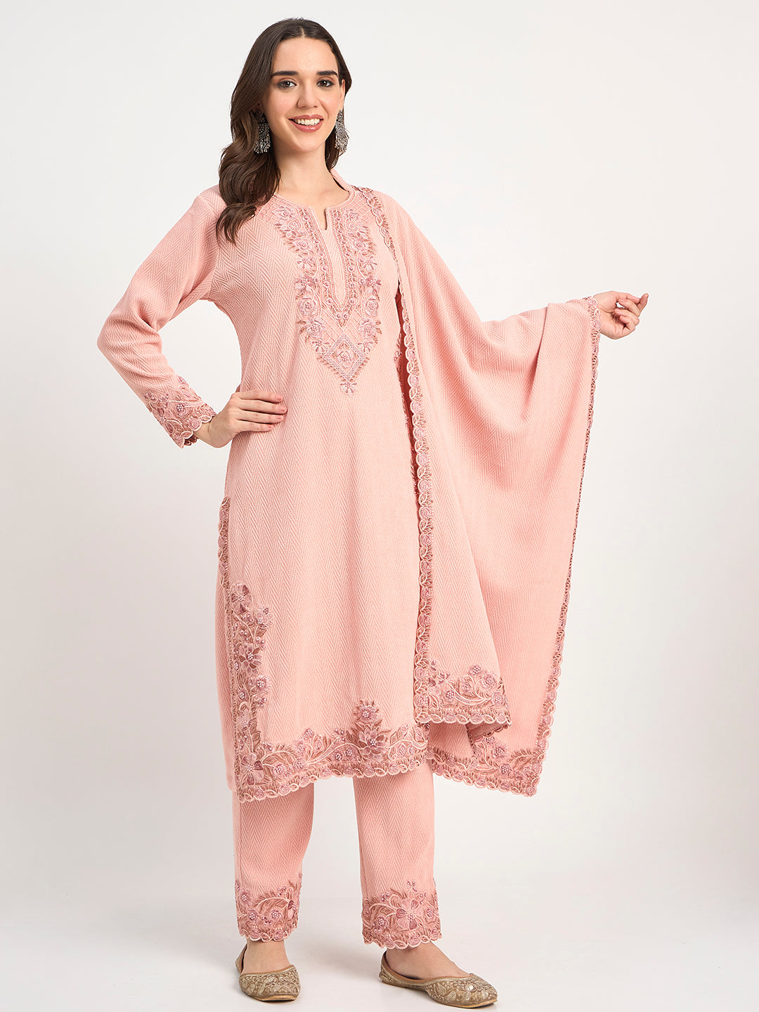 Soft Knit Pink Winter Kurta Pant Dupatta Set
