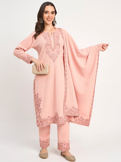 Soft Knit Pink Winter Kurta Pant Dupatta Set