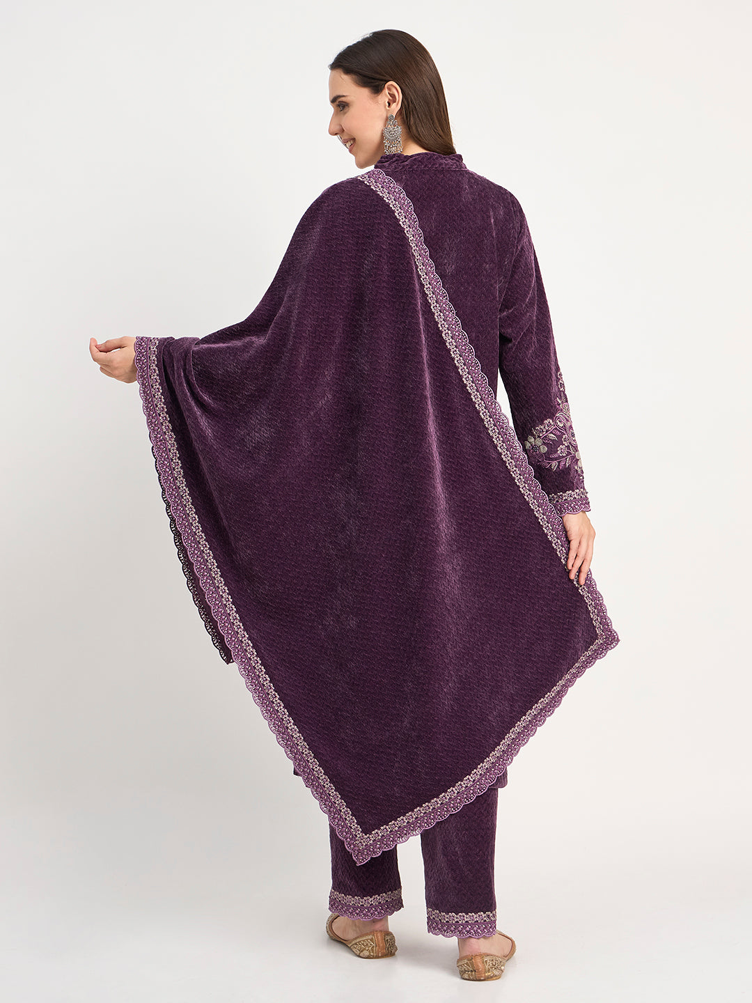 Women's Deep Purple Winter Embroidered Suit Set
