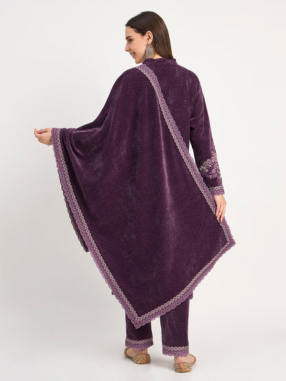 Women's Deep Purple Winter Embroidered Suit Set