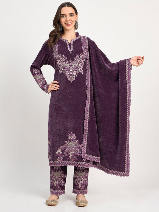 Women's Deep Purple Winter Embroidered Suit Set