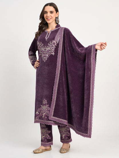 Women's Deep Purple Winter Embroidered Suit Set