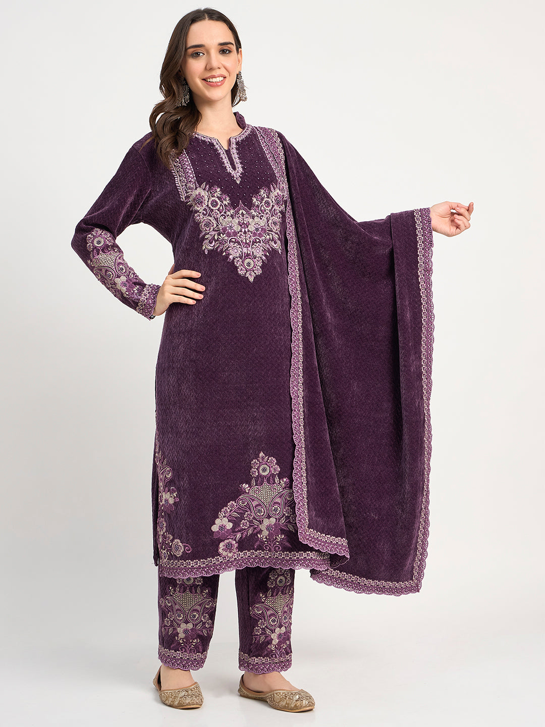 Women's Deep Purple Winter Embroidered Suit Set