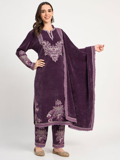 Women's Deep Purple Winter Embroidered Suit Set