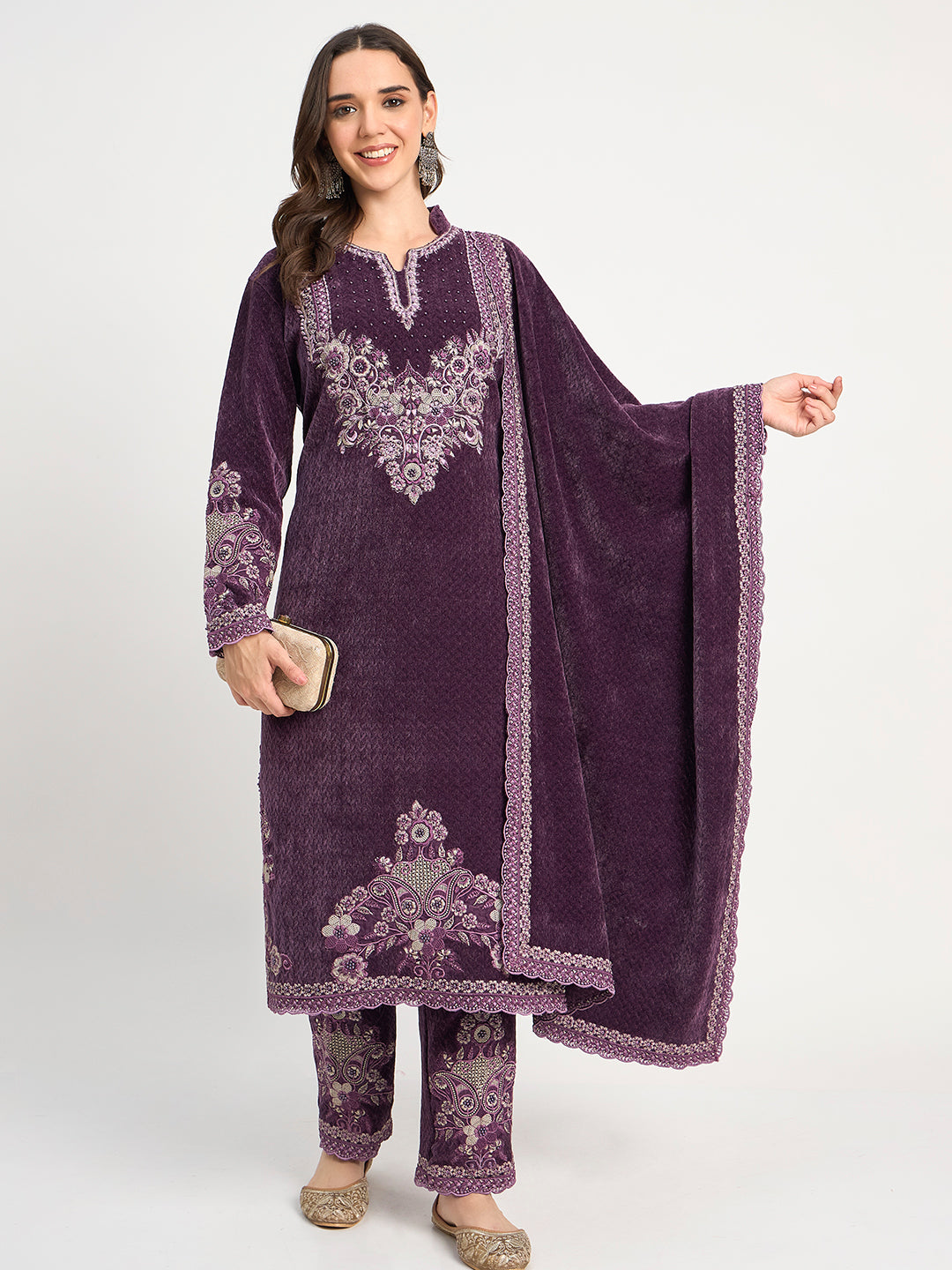 Women's Deep Purple Winter Embroidered Suit Set