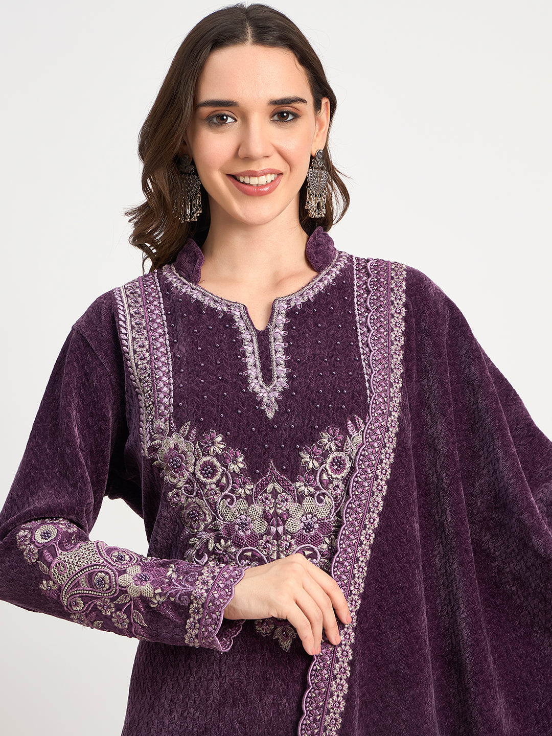 Women's Deep Purple Winter Embroidered Suit Set