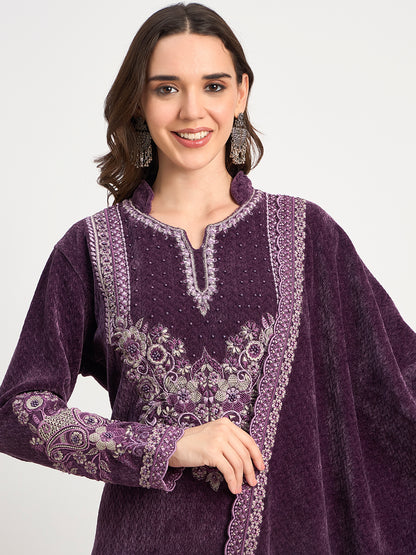 Women's Deep Purple Winter Embroidered Suit Set