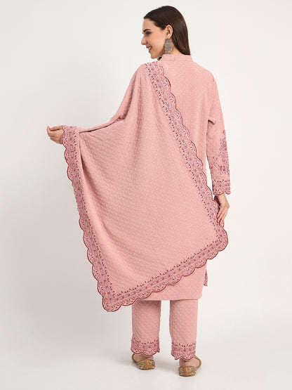 Soft Pink Winter Embroidered Suit for Women