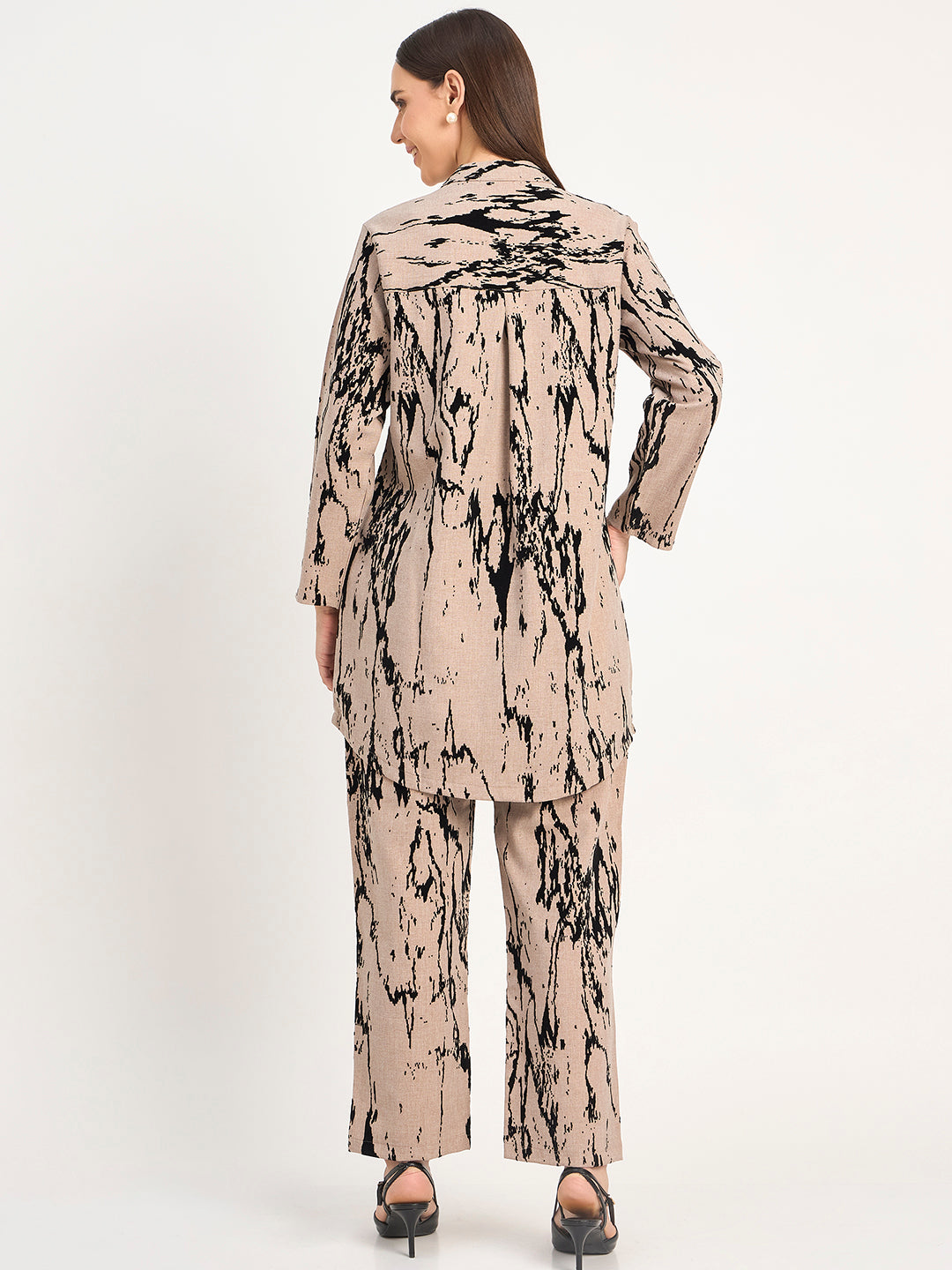 Beige Abstract Pattern Wool Blend Winter Co-ord Set