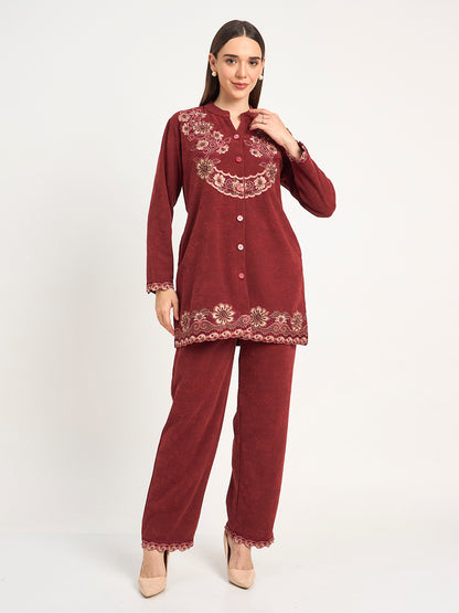 Embroidered Maroon Winter Wool Co-ord Set