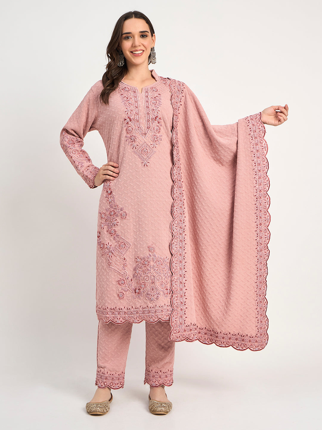 Soft Pink Winter Embroidered Suit for Women