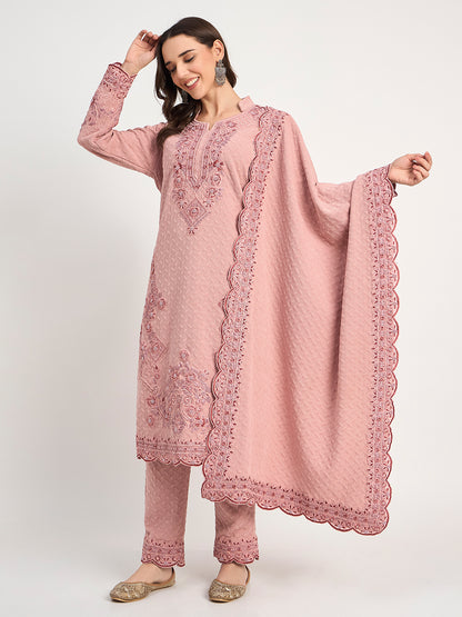 Soft Pink Winter Embroidered Suit for Women