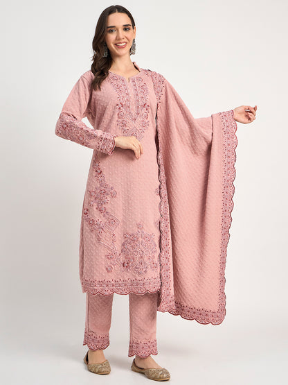 Soft Pink Winter Embroidered Suit for Women