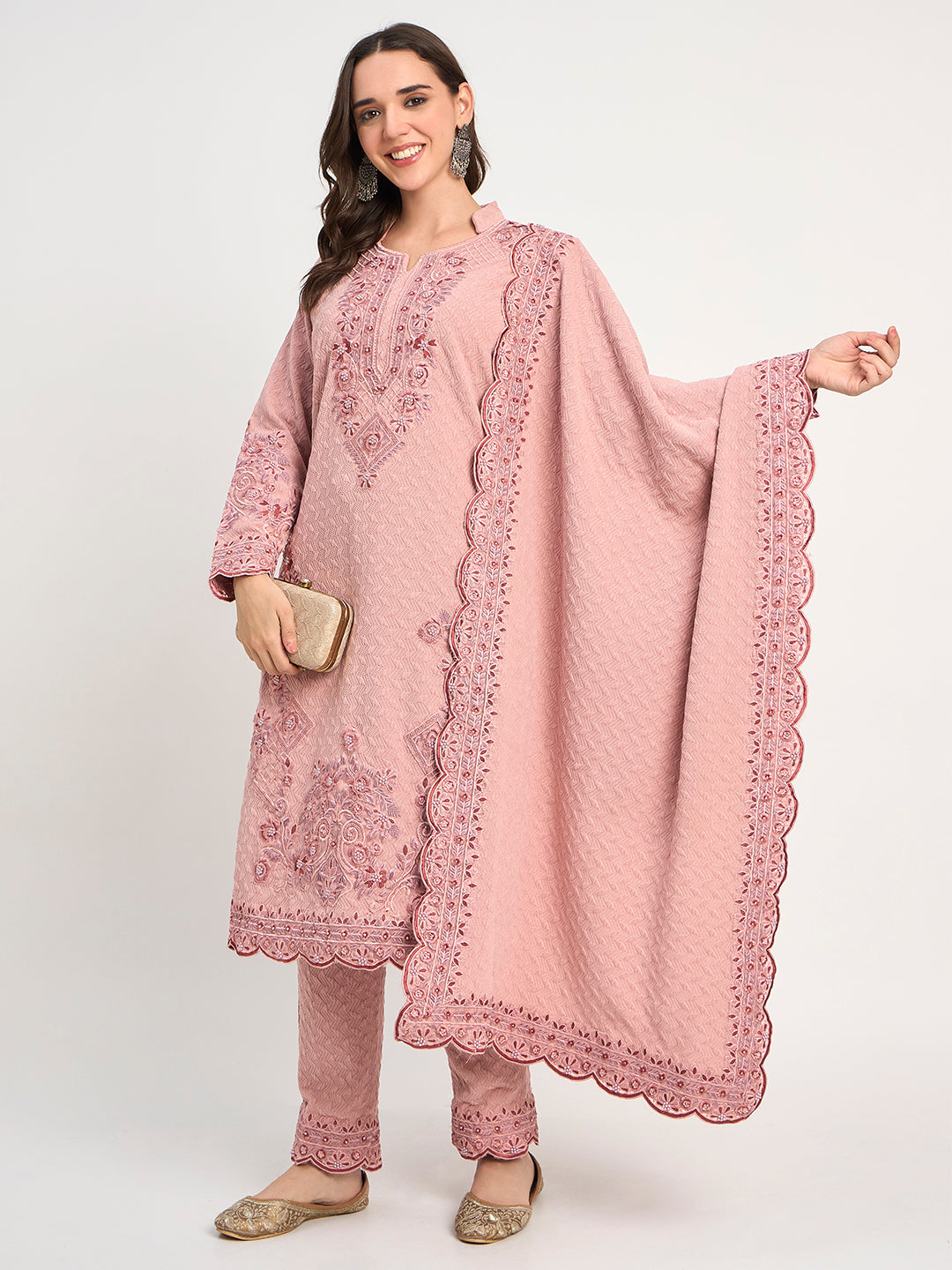Soft Pink Winter Embroidered Suit for Women