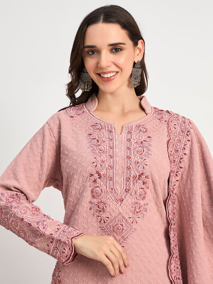 Soft Pink Winter Embroidered Suit for Women