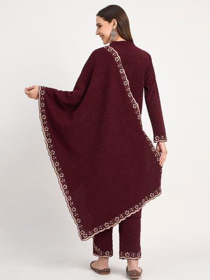 Deep Maroon Winter Embroidered Suit for Women