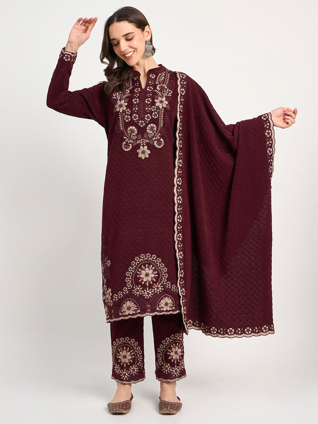 Deep Maroon Winter Embroidered Suit for Women
