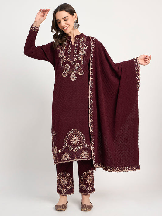 Deep Maroon Winter Embroidered Suit for Women
