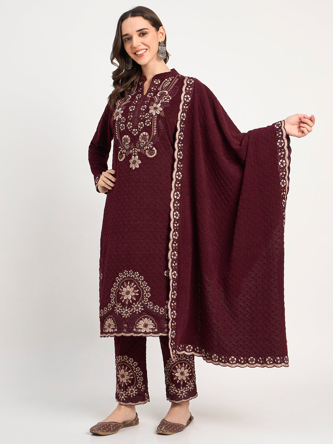 Deep Maroon Winter Embroidered Suit for Women