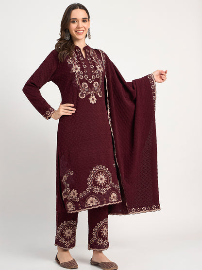 Deep Maroon Winter Embroidered Suit for Women