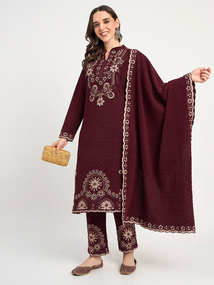 Deep Maroon Winter Embroidered Suit for Women