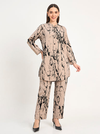 Beige Abstract Pattern Wool Blend Winter Co-ord Set