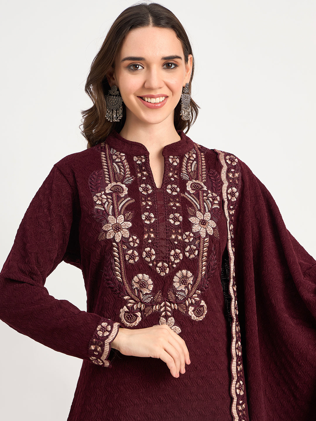 Deep Maroon Winter Embroidered Suit for Women