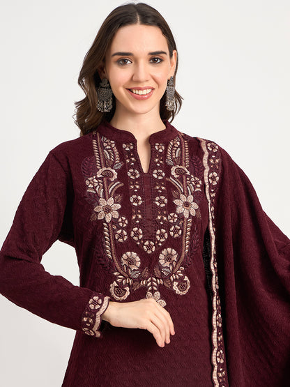 Deep Maroon Winter Embroidered Suit for Women