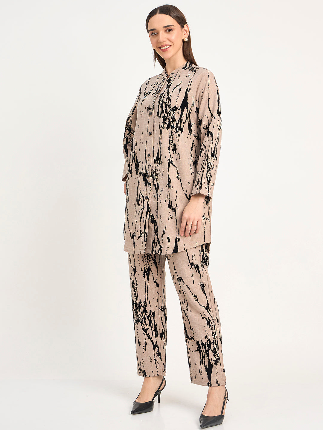 Beige Abstract Pattern Wool Blend Winter Co-ord Set