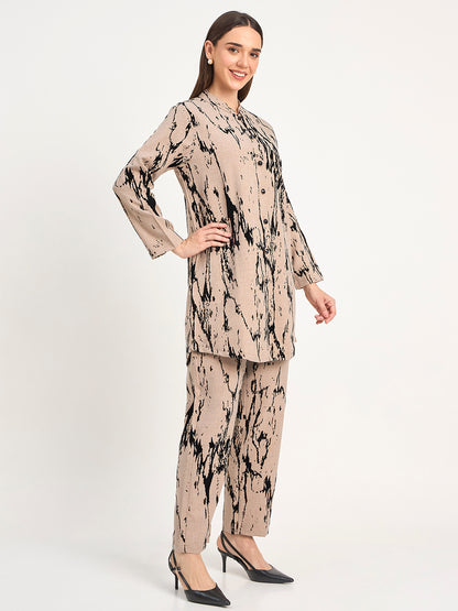Beige Abstract Pattern Wool Blend Winter Co-ord Set