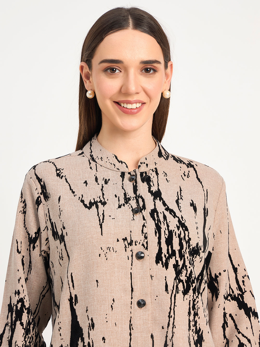 Beige Abstract Pattern Wool Blend Winter Co-ord Set