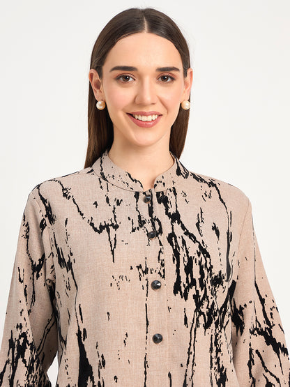 Beige Abstract Pattern Wool Blend Winter Co-ord Set