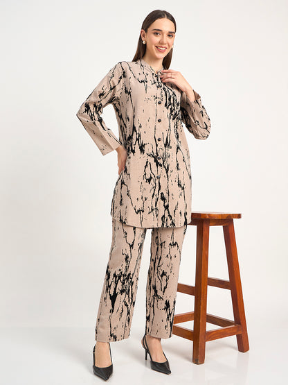 Beige Abstract Pattern Wool Blend Winter Co-ord Set