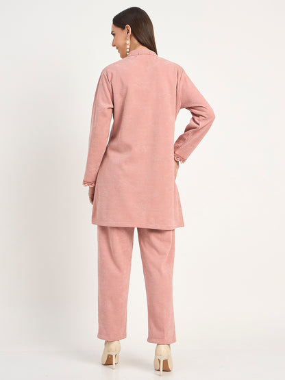 Elegant Pink Wool Blend Embroidered Winter Co-ord Set