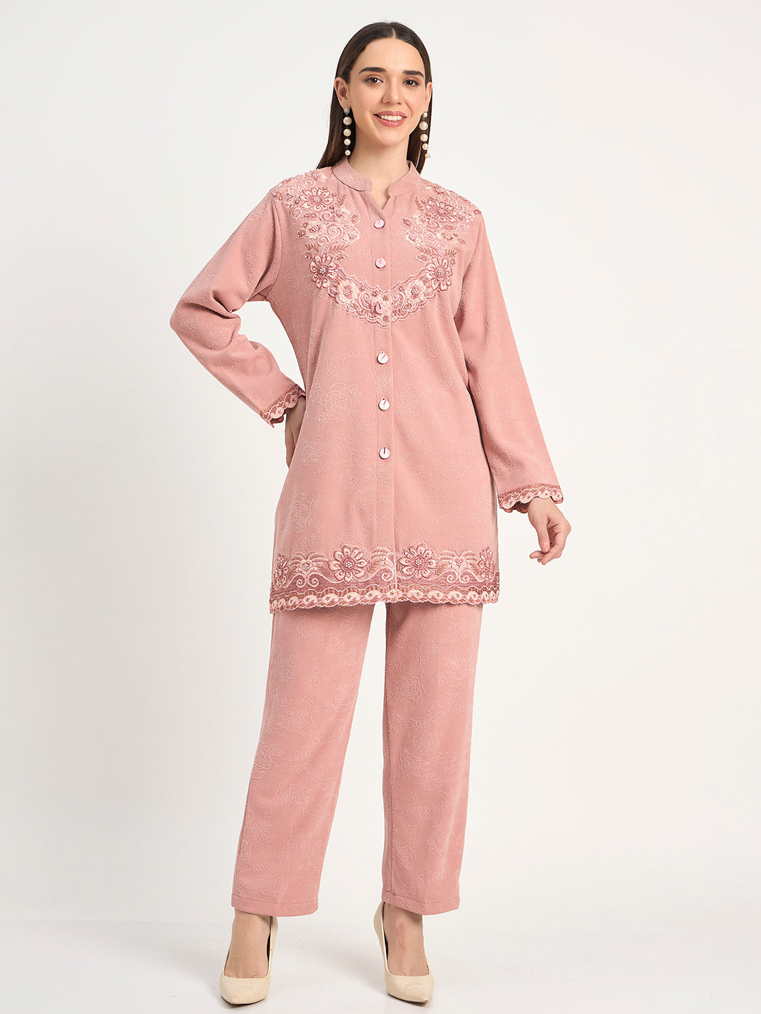 Elegant Pink Wool Blend Embroidered Winter Co-ord Set