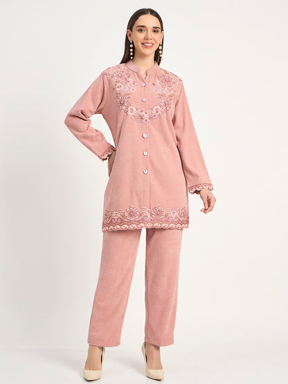 Elegant Pink Wool Blend Embroidered Winter Co-ord Set