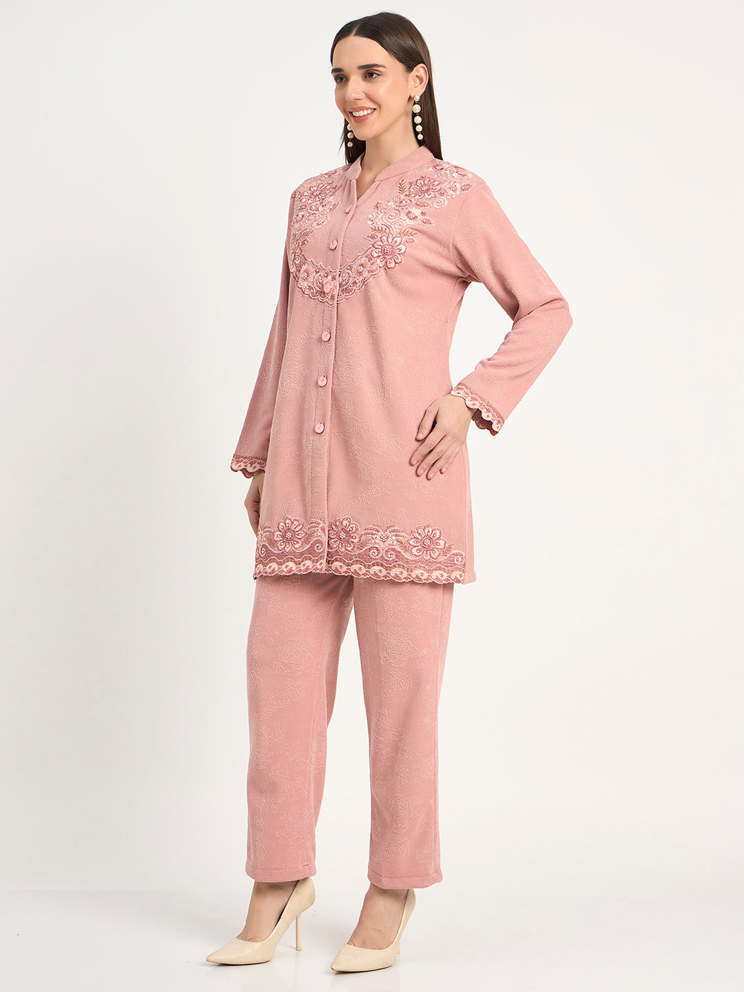 Elegant Pink Wool Blend Embroidered Winter Co-ord Set