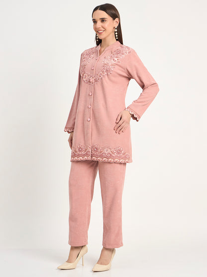 Elegant Pink Wool Blend Embroidered Winter Co-ord Set