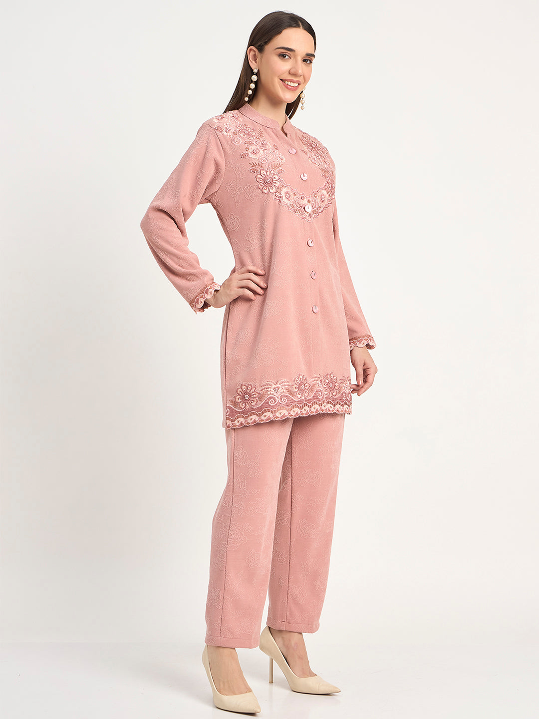Elegant Pink Wool Blend Embroidered Winter Co-ord Set
