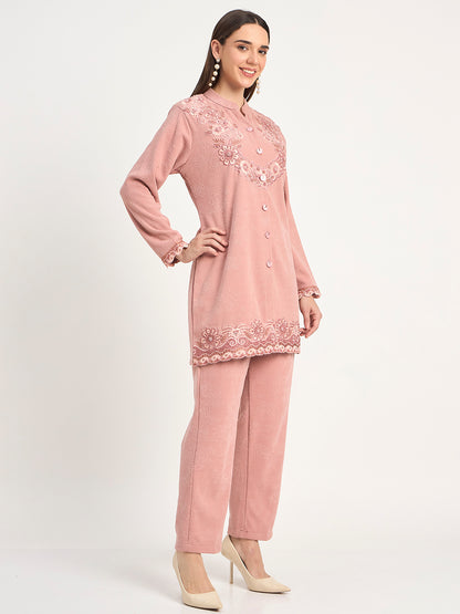 Elegant Pink Wool Blend Embroidered Winter Co-ord Set