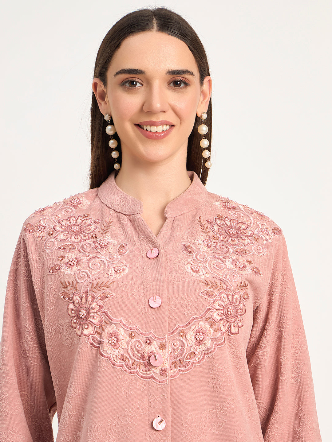 Elegant Pink Wool Blend Embroidered Winter Co-ord Set