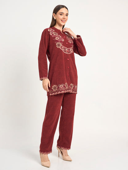 Embroidered Maroon Winter Wool Co-ord Set